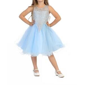 NEW BIJAN KIDS gold dress with iridescent beading in baby blue